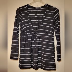 Sheer Black & Silver Stripe Hooded Swimwear CoverUp With Drawstring Empire Waist